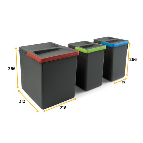 Contenitori per cassetti da cucina Recycle, Altezza 266, 1x15 lt + 2x7lt Plastica grigio antracite 1 set. 8198423 EMUCA - foto 1